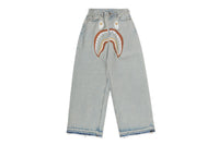 SHARK EMBROIDERY SUPER WIDE DENIM PANTS LADIES