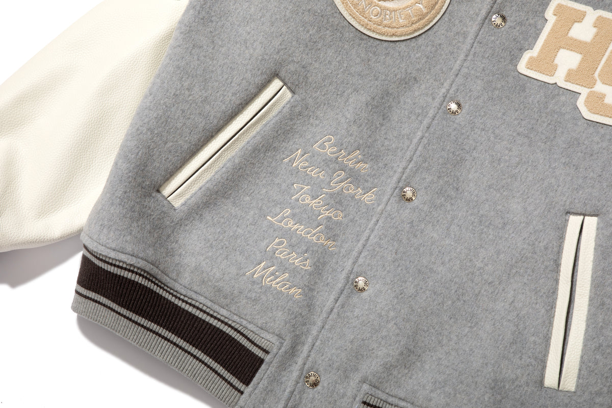 BAPE X HIGHSNOBIETY MULTI LOGO VARSITY JACKET