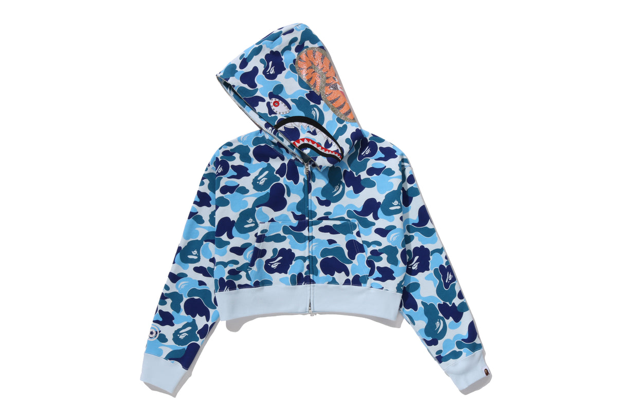 ABC CAMO CRYSTAL STONE SHARK CROPPED FULL ZIP HOODIE LADIES