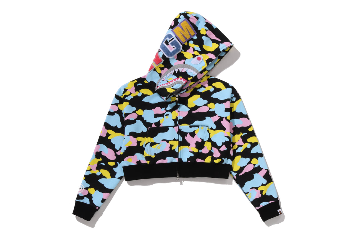 NEW MULTI CAMO SHARK CROPPED FULL ZIP HOODIE LADIES