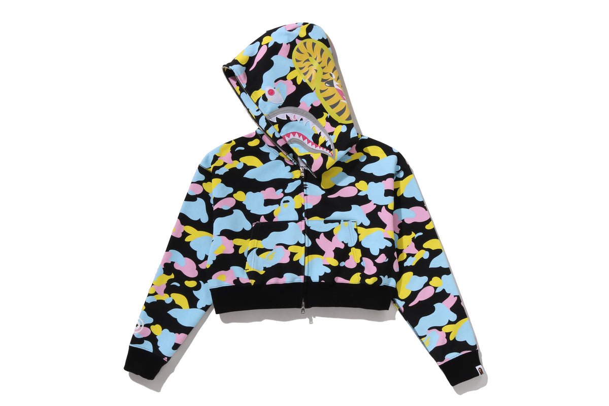 NEW MULTI CAMO SHARK CROPPED FULL ZIP HOODIE LADIES